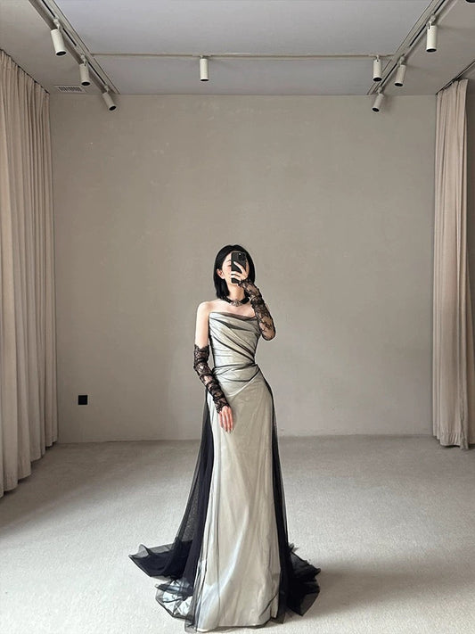 Vestido de novia vintage de sirena sin tirantes, negro, largo de verano, W0750