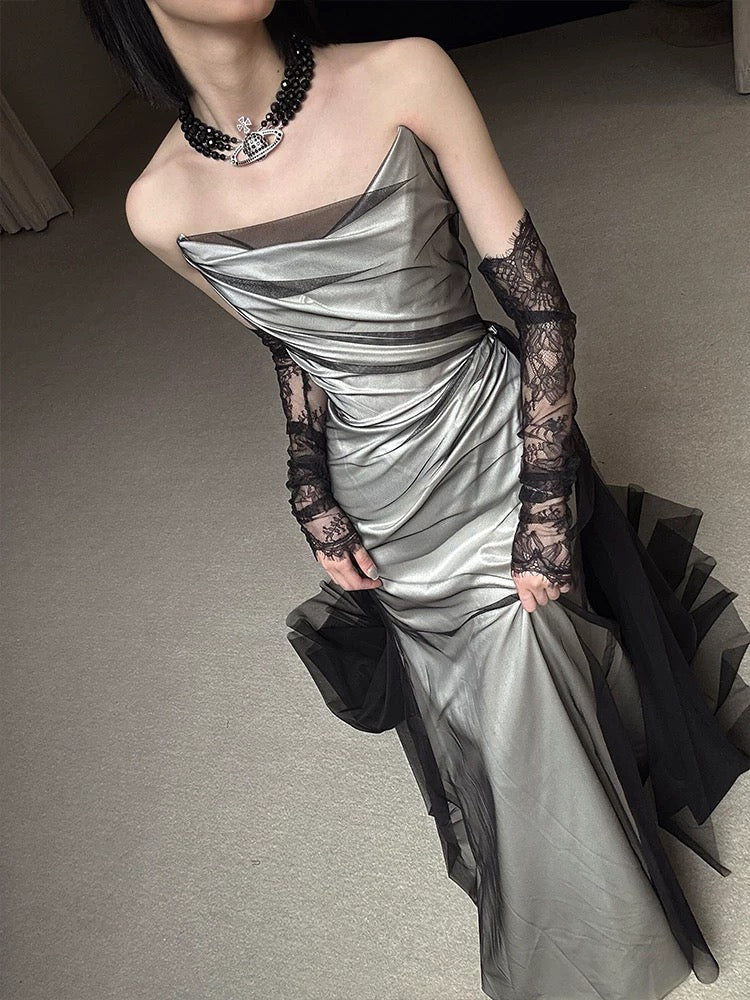 Vestido de novia vintage de sirena sin tirantes, negro, largo de verano, W0750