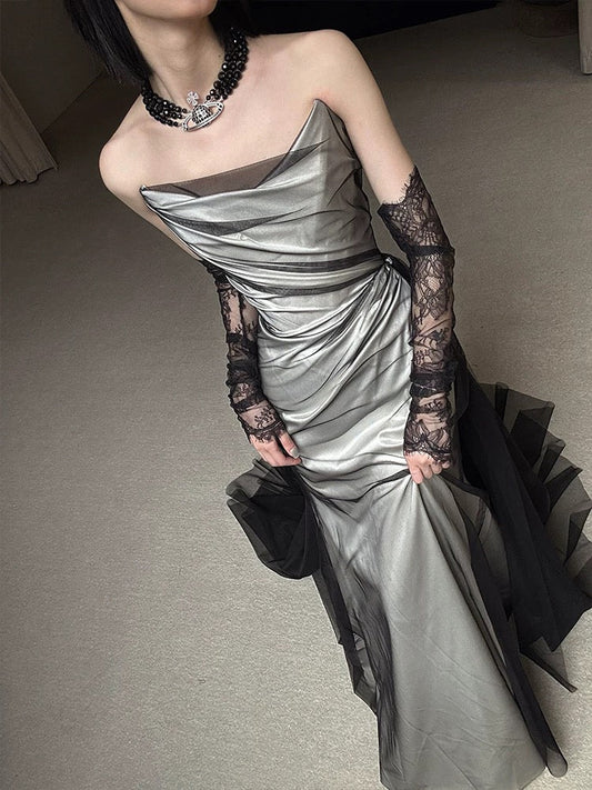 Vestido de novia vintage de sirena sin tirantes, negro, largo de verano, W0750