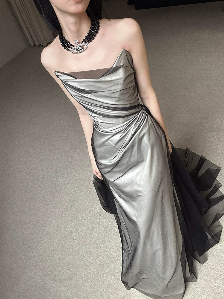 Vestido de novia vintage de sirena sin tirantes, negro, largo de verano, W0750