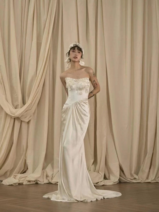 Vestido de novia vintage de sirena sin tirantes, blanco, largo de verano, W0751