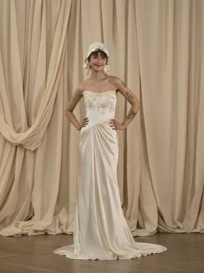 Vestido de novia vintage de sirena sin tirantes, blanco, largo de verano, W0751