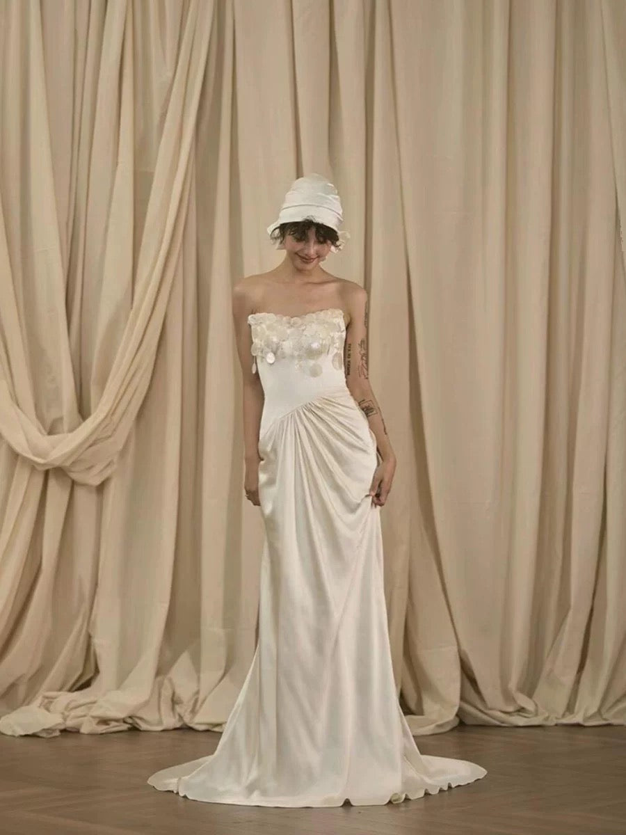 Vestido de novia vintage de sirena sin tirantes, blanco, largo de verano, W0751