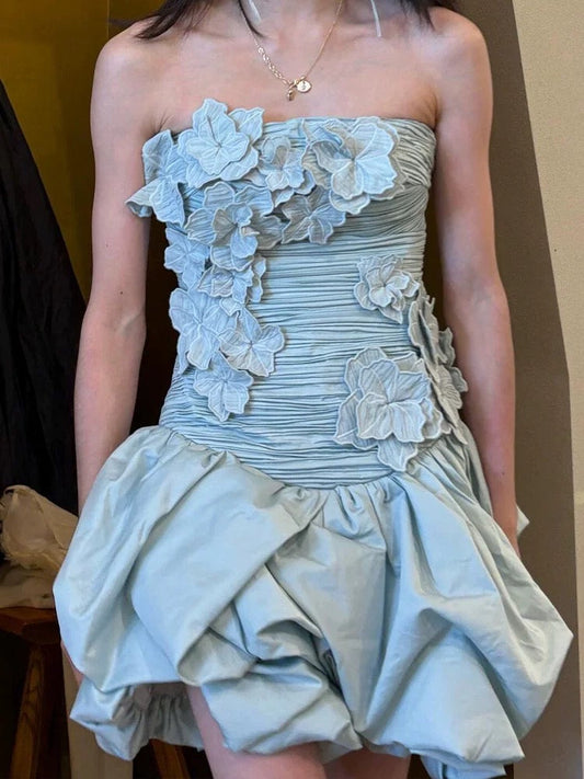 Vestido corto de fiesta con flores azules, sexy, sin tirantes, para verano, para cóctel, para 18 cumpleaños, W0753