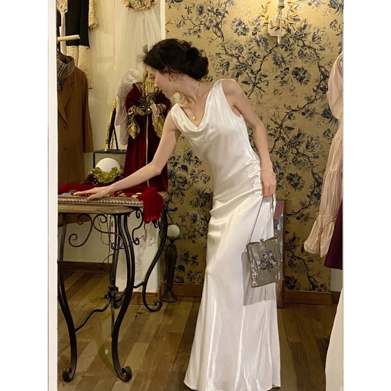 Vestido de novia vintage de satén blanco para verano, largo, para playa, W0759