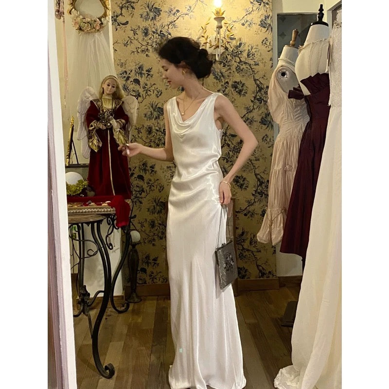 Vestido de novia vintage de satén blanco para verano, largo, para playa, W0759