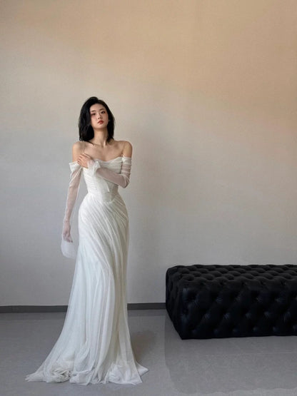 Vestido de novia vintage de tul blanco con mangas largas para playa y verano W0762