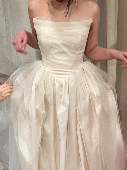 Vestido de novia vintage, vestido de fiesta sin tirantes, color marfil, largo de verano, vestidos de novia W0764