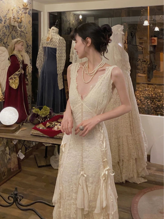 Vestido de novia vintage de corte A, escote en V, encaje, color marfil, para verano, playa, largo, W0765