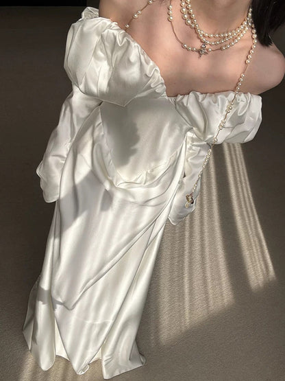 Vestido de novia vintage, corte tubo, hombros descubiertos, manga larga, blanco, para verano, playa, W0769