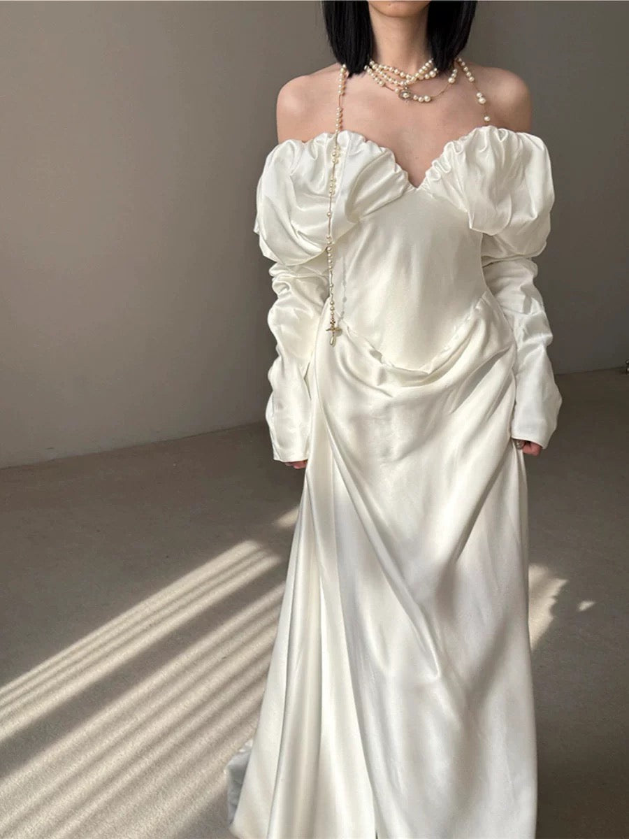 Vestido de novia vintage, corte tubo, hombros descubiertos, manga larga, blanco, para verano, playa, W0769