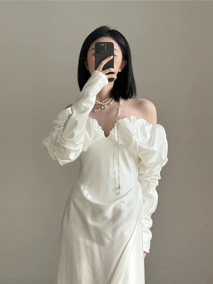 Vestido de novia vintage, corte tubo, hombros descubiertos, manga larga, blanco, para verano, playa, W0769