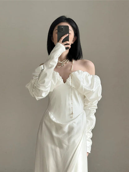Vestido de novia vintage, corte tubo, hombros descubiertos, manga larga, blanco, para verano, playa, W0769