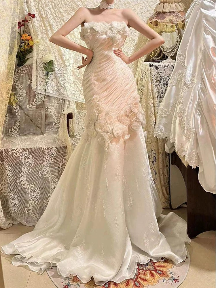 Vestido de novia retro de sirena sin tirantes, de gasa y flores blancas, largo, para verano, W0770