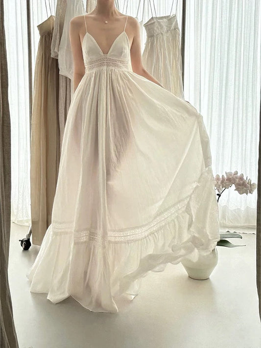 Vestido de novia vintage de corte A con tirantes finos y encaje blanco para verano y playa, largo, W0771