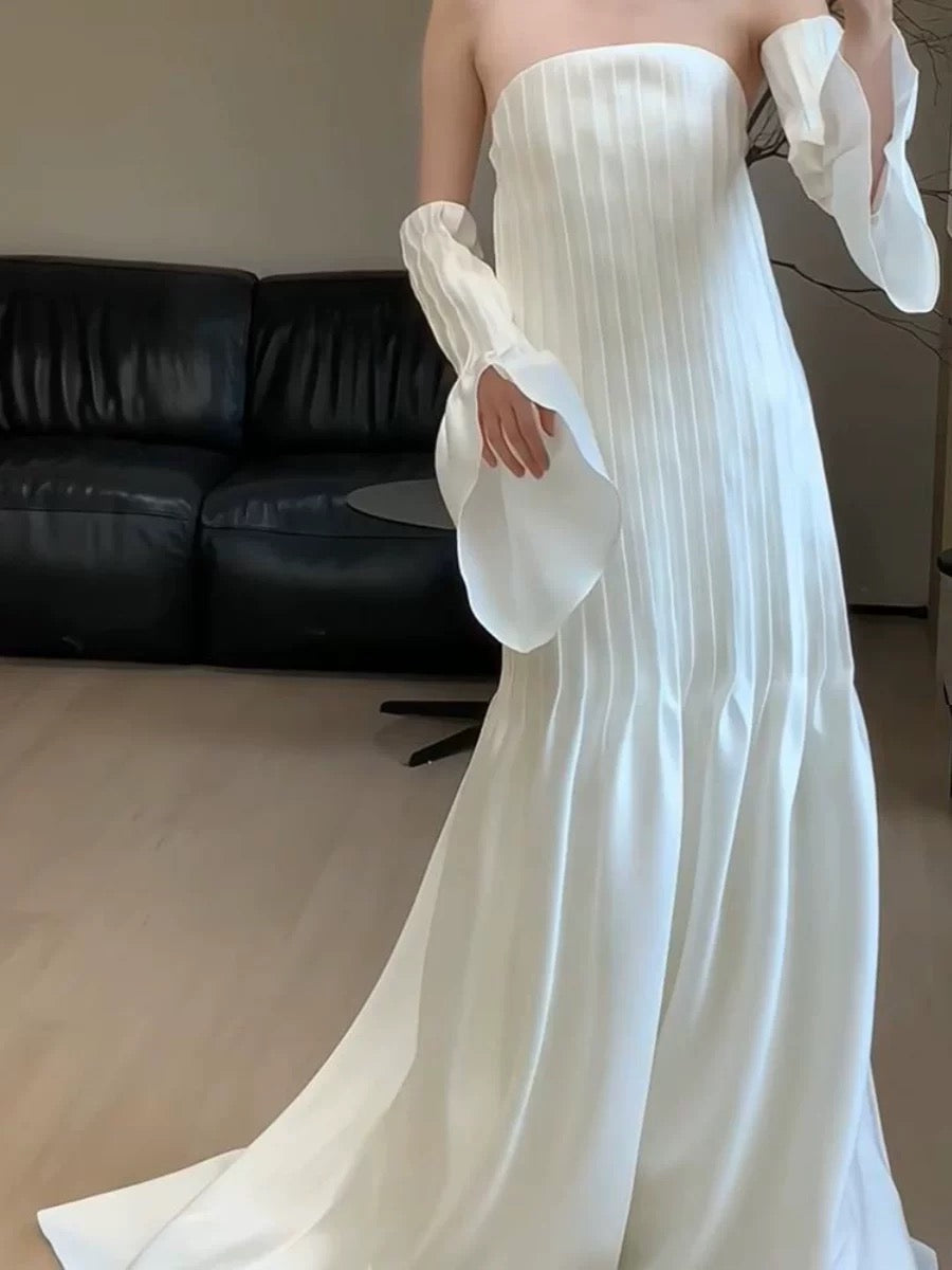 Vestido de novia vintage, corte A, sin tirantes, blanco, largo para playa, para verano, W0773