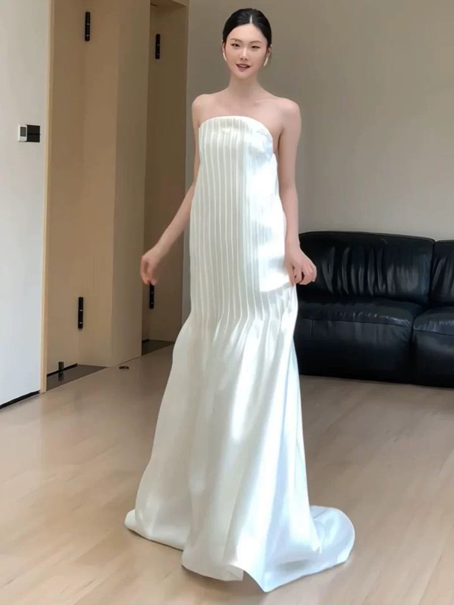 Vestido de novia vintage, corte A, sin tirantes, blanco, largo para playa, para verano, W0773