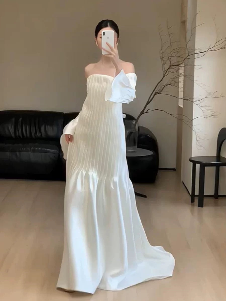Vestido de novia vintage, corte A, sin tirantes, blanco, largo para playa, para verano, W0773
