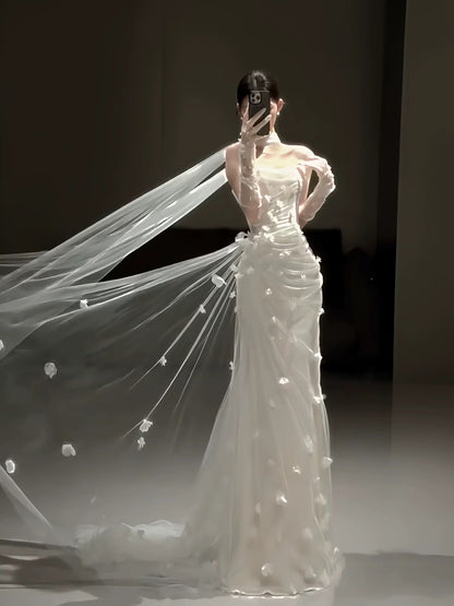 Vestido de novia sencillo de sirena sin tirantes, de tul blanco, floral, para verano, playa, largo, W0778