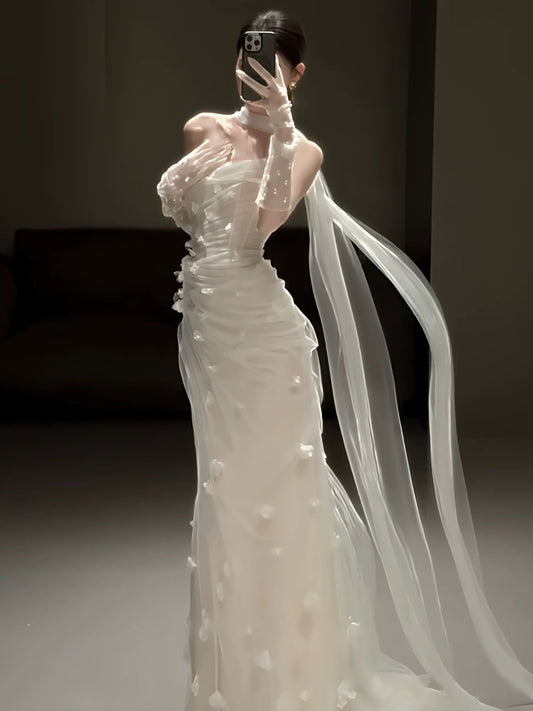 Vestido de novia sencillo de sirena sin tirantes, de tul blanco, floral, para verano, playa, largo, W0778