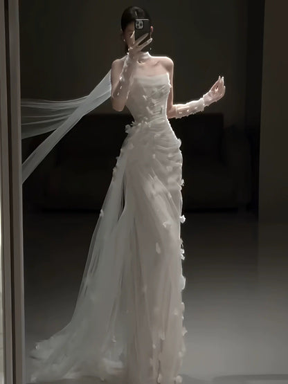 Vestido de novia sencillo de sirena sin tirantes, de tul blanco, floral, para verano, playa, largo, W0778