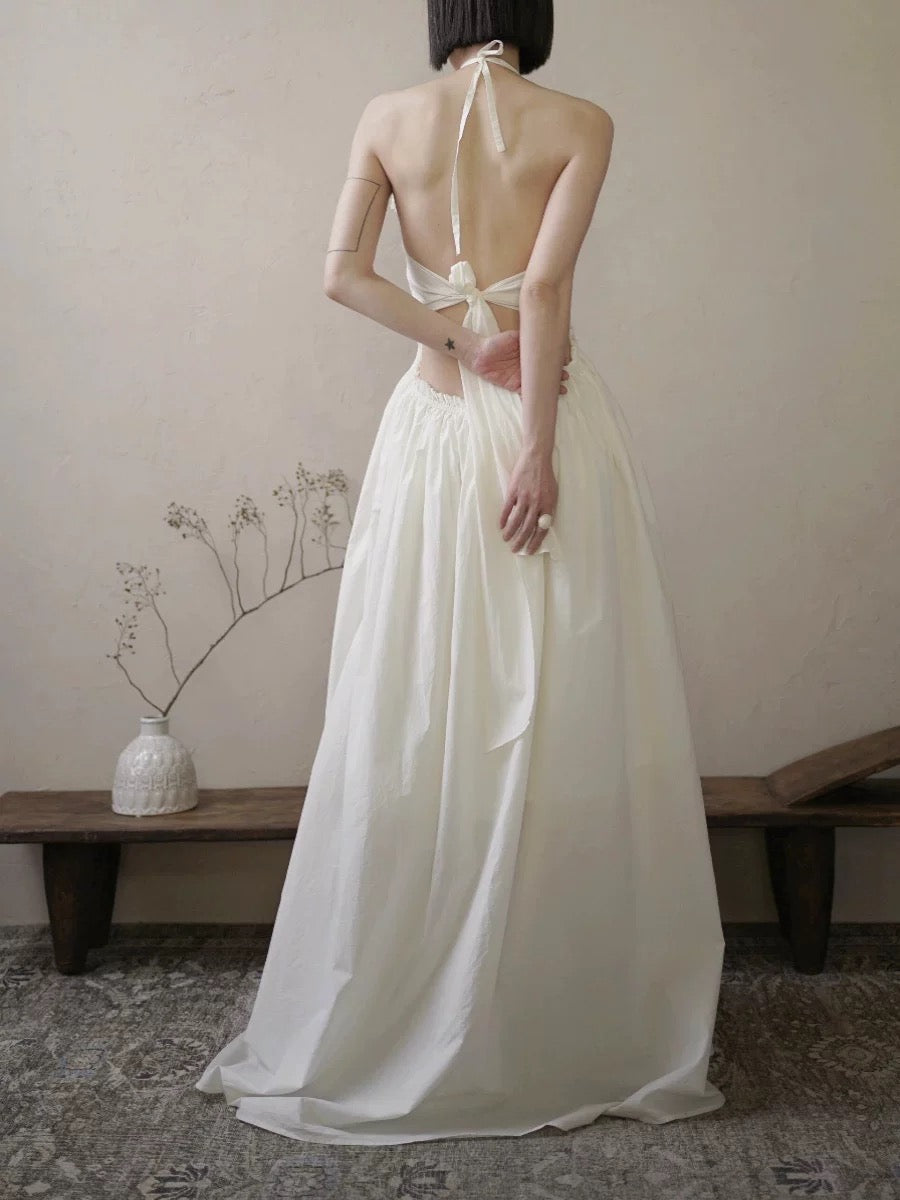 Vestido de novia vintage de corte A, estilo halter, de encaje, blanco, para verano, playa, largo, W0786