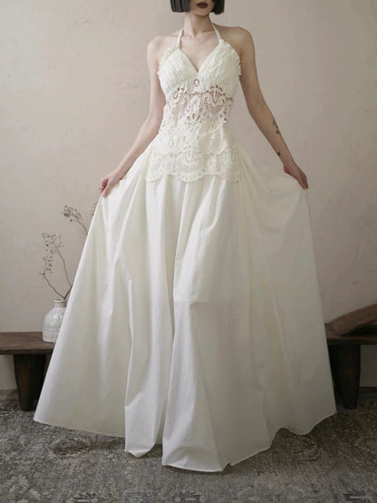 Vestido de novia vintage de corte A, estilo halter, de encaje, blanco, para verano, playa, largo, W0786