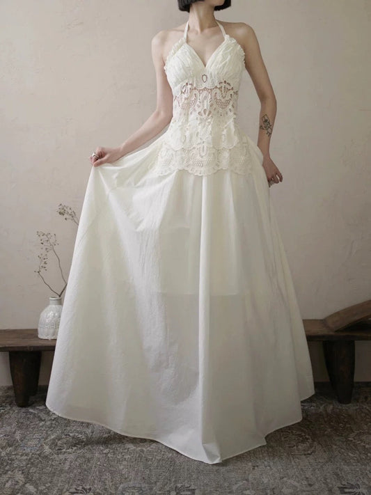 Vestido de novia vintage de corte A, estilo halter, de encaje, blanco, para verano, playa, largo, W0786