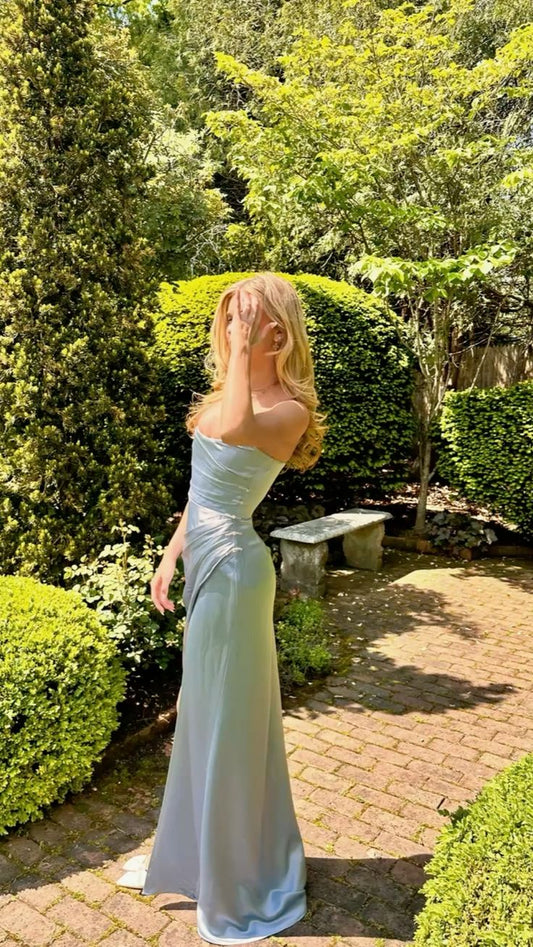 Elegante vestido de fiesta largo de satén azul cielo claro sin tirantes de sirena para fiesta de verano, atuendos para 20 cumpleaños, vestidos de cumpleaños W1005