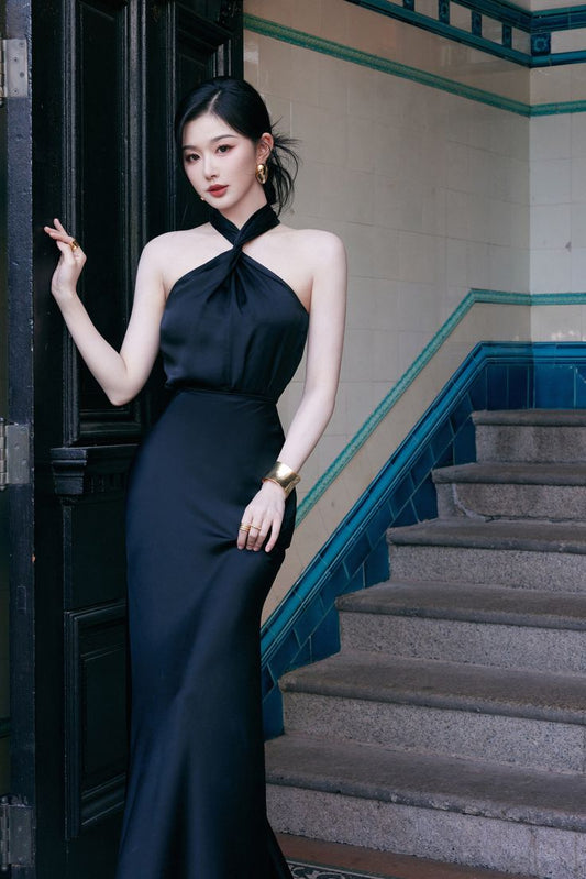 Elegante vestido de fiesta largo de satén negro con cuello halter, vestido de fiesta de verano para 20 cumpleaños, vestidos para 18 cumpleaños W1008