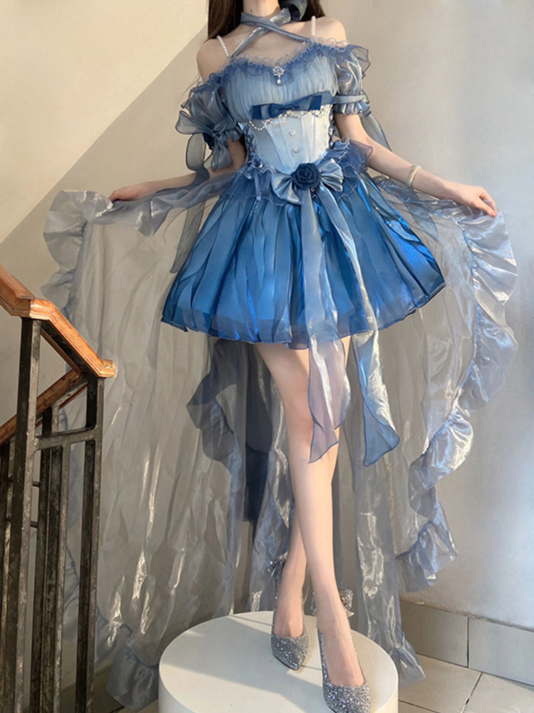 Vintage High Low Off The Shoulder Short Sleeves 16th Blue Birthday Dress Lolita Summer Dress Birthday Outfits W1010
