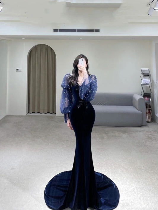 Elegante vestido de fiesta largo de terciopelo azul marino con escote en V y corte sirena, para verano, para 20 cumpleaños y 18 años, W1012