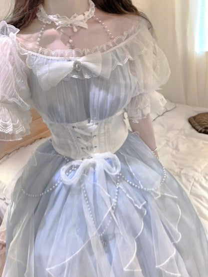 Vintage Ball Gown Off The Shoulder Blue Short Summer Holiday Dresses 16th Birthday Dress Lolita Dress White Birthday Outfits W1014