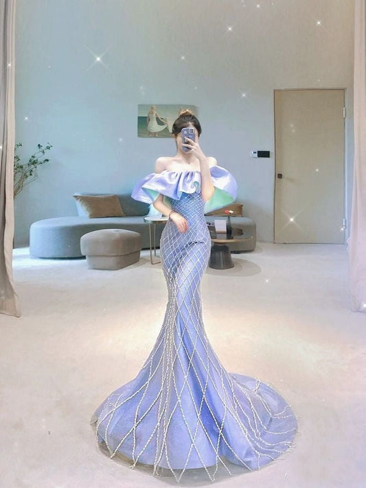 Elegante vestido de fiesta largo con lentejuelas lilas y hombros descubiertos de sirena para fiesta de verano, atuendos para cumpleaños número 20 y cumpleaños número 18, W1018