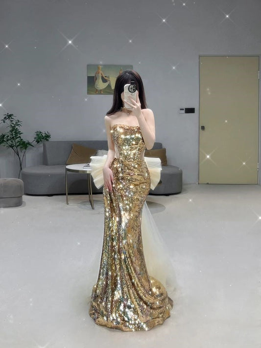 Elegante vestido de fiesta largo de sirena sin tirantes con lentejuelas doradas, vestido de fiesta de verano para 20 cumpleaños, vestidos para 18 cumpleaños W1021