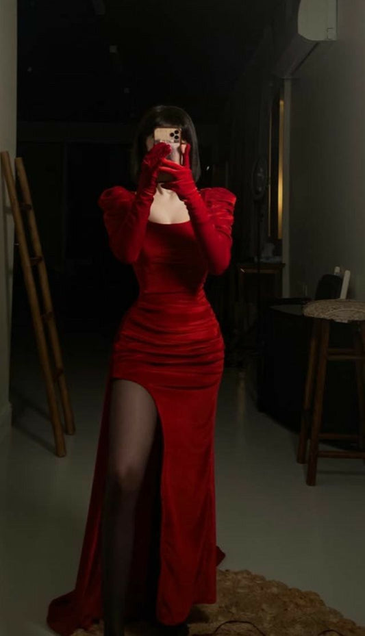 Elegante vestido de fiesta largo de terciopelo rojo con escote cuadrado y corte sirena, para verano, para 20 cumpleaños y 18 años, W1022