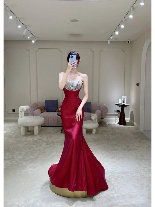 Elegante vestido de fiesta largo de satén burdeos sin tirantes, estilo sirena, para verano, para 20 cumpleaños y 18 años, W1024