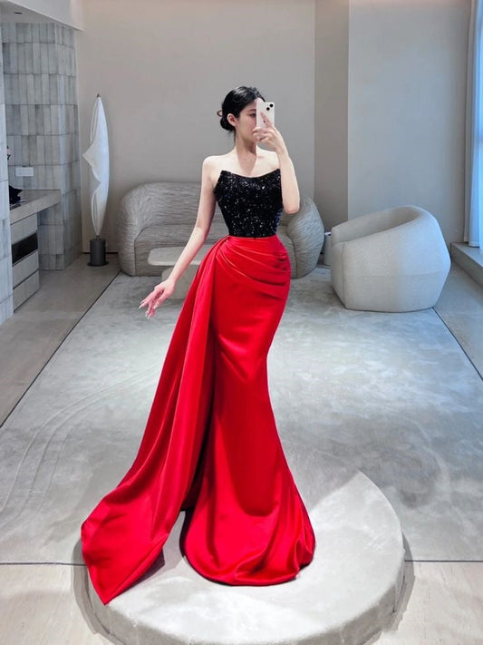 Elegante vestido de fiesta largo de satén rojo sin tirantes, estilo sirena, para verano, para 20 cumpleaños y 18 años, W1025