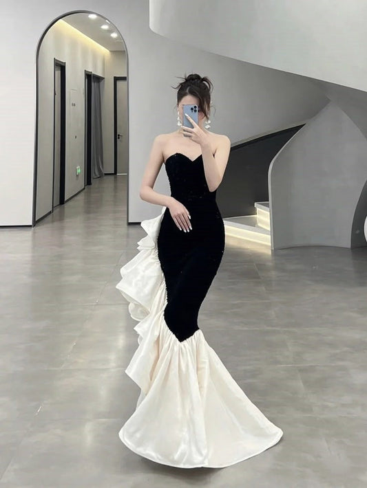 Elegante vestido de fiesta largo de satén negro con escote corazón y corte sirena para verano, ideal para cumpleaños número 20 y cumpleaños número 18, W1027