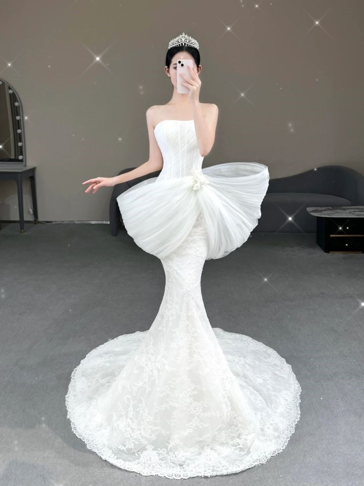 Vestido de novia sencillo de sirena sin tirantes, de tul blanco con encaje, para verano y playa, largo, W1030