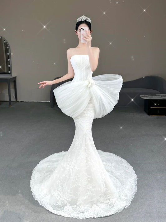 Vestido de novia sencillo de sirena sin tirantes, de tul blanco con encaje, para verano y playa, largo, W1030