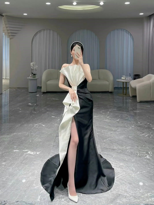 Elegante vestido de fiesta largo de satén negro sin tirantes, estilo sirena, para verano, para 20 cumpleaños y 18 años, W1031