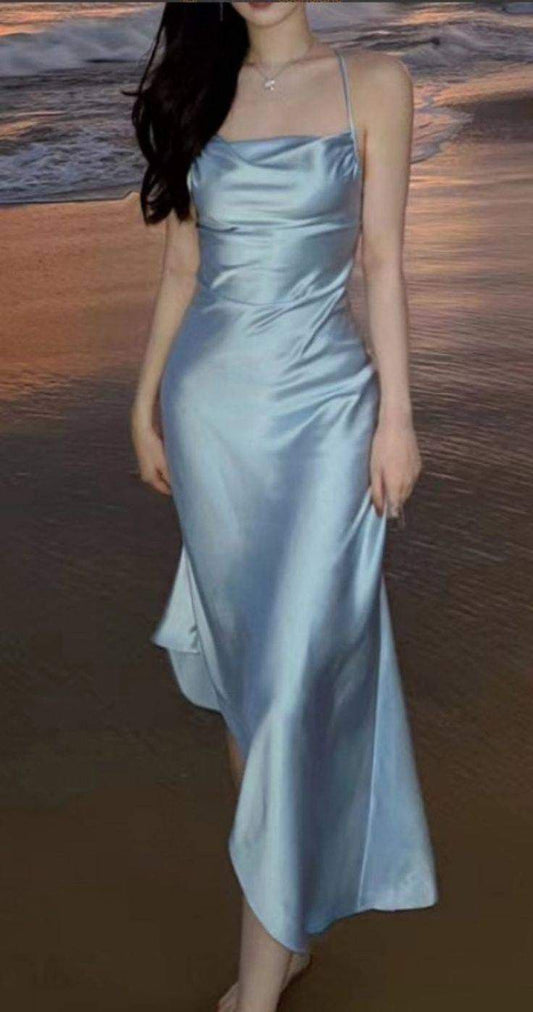 Elegante vestido de fiesta largo azul cielo claro con cuello halter y corte A, para verano, para cumpleaños número 20 y cumpleaños número 18, W1033