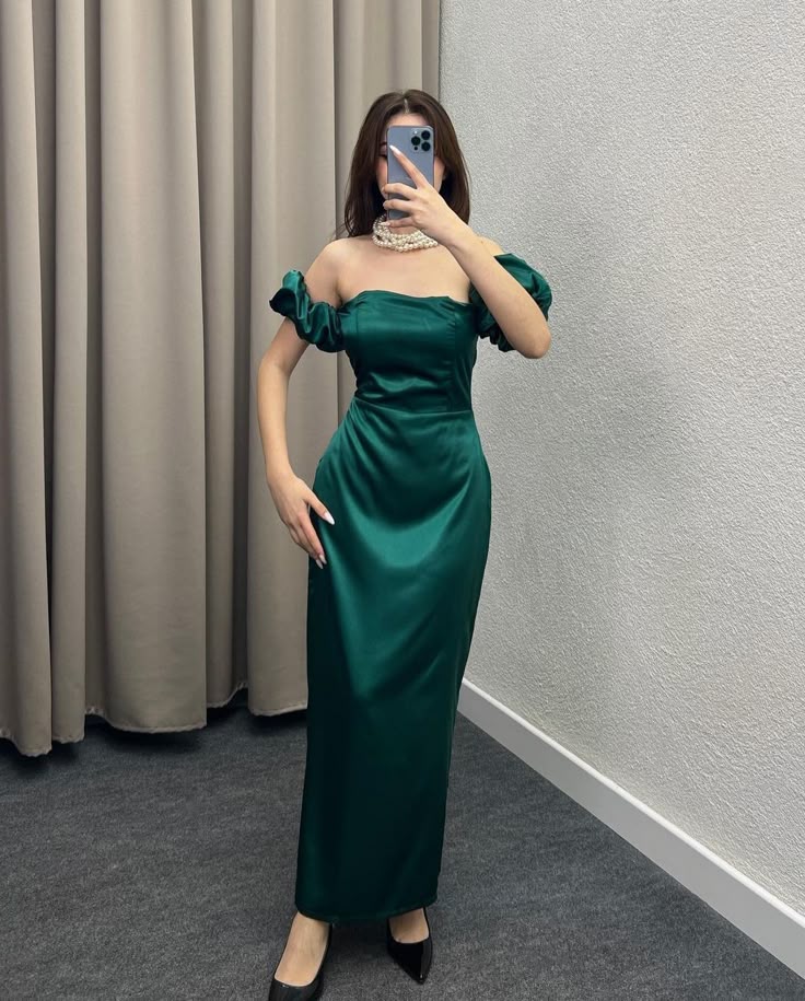 Vestido largo de fiesta de sirena con hombros descubiertos, elegante, verde oscuro, para invitada de boda de verano, W1044