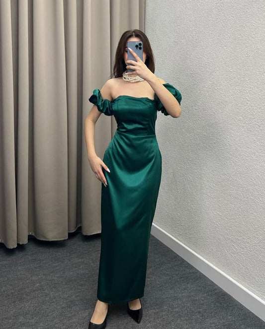 Vestido largo de fiesta de sirena con hombros descubiertos, elegante, verde oscuro, para invitada de boda de verano, W1044