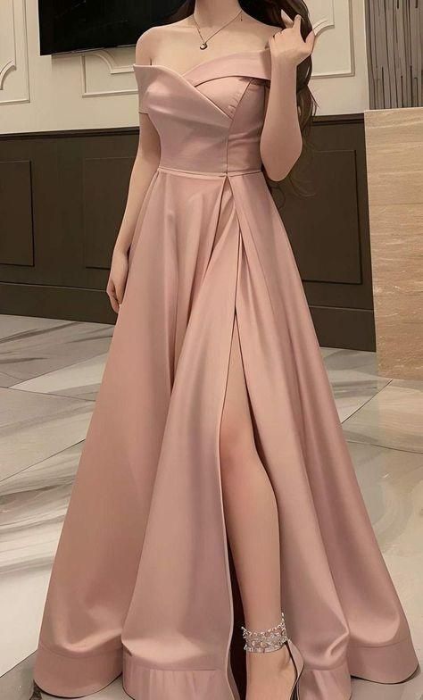 Vestido elegante de corte A con hombros descubiertos en rosa ruborizado y abertura para fiesta de graduación, vestido de verano para invitadas de boda, vestidos de novia para invitadas, trajes de boda para invitadas W1066