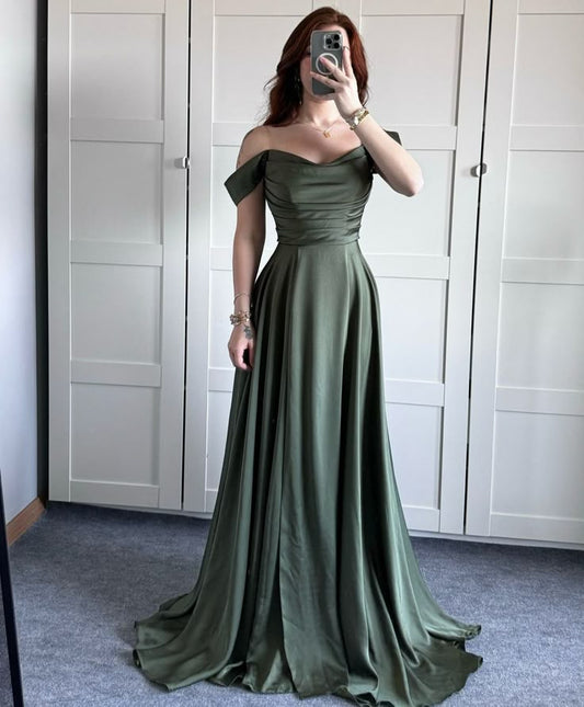 Vestido largo de fiesta formal con abertura en el hombro, elegante, color verde oliva, corte A, para invitada de boda de verano, W1073