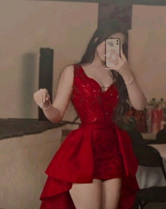 Vestido corto de fiesta con escote en V y lentejuelas rojas para octavo grado, vestido formal de verano para escuela secundaria, atuendos de cumpleaños W1102