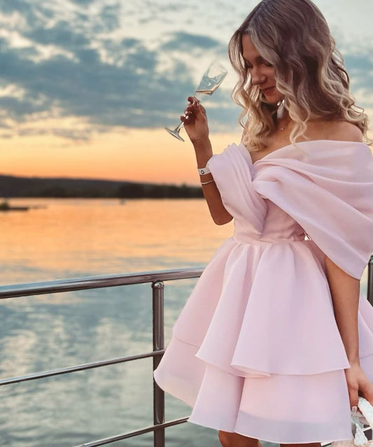 Vestido rosa corto con hombros descubiertos, corte A, para fiesta de bienvenida de octavo grado, de verano, para escuela secundaria, atuendos de cumpleaños W1112