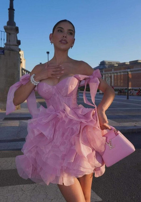 Bonito vestido de fiesta rosa corto con tirantes para octavo grado, vestido formal de verano para escuela secundaria, atuendos de cumpleaños W1116